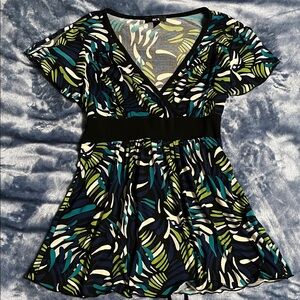 BCX Leaf Print Top in Blue and Green